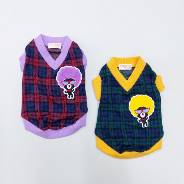 画像2: 犬 服 Tシャツ アウトレット XS S M L XL 小型 犬 中型 犬 秋 冬 チェック柄 セール品 Vネック アフロ犬 doggystar ドッギースター 即日 出荷出来ます (2)
